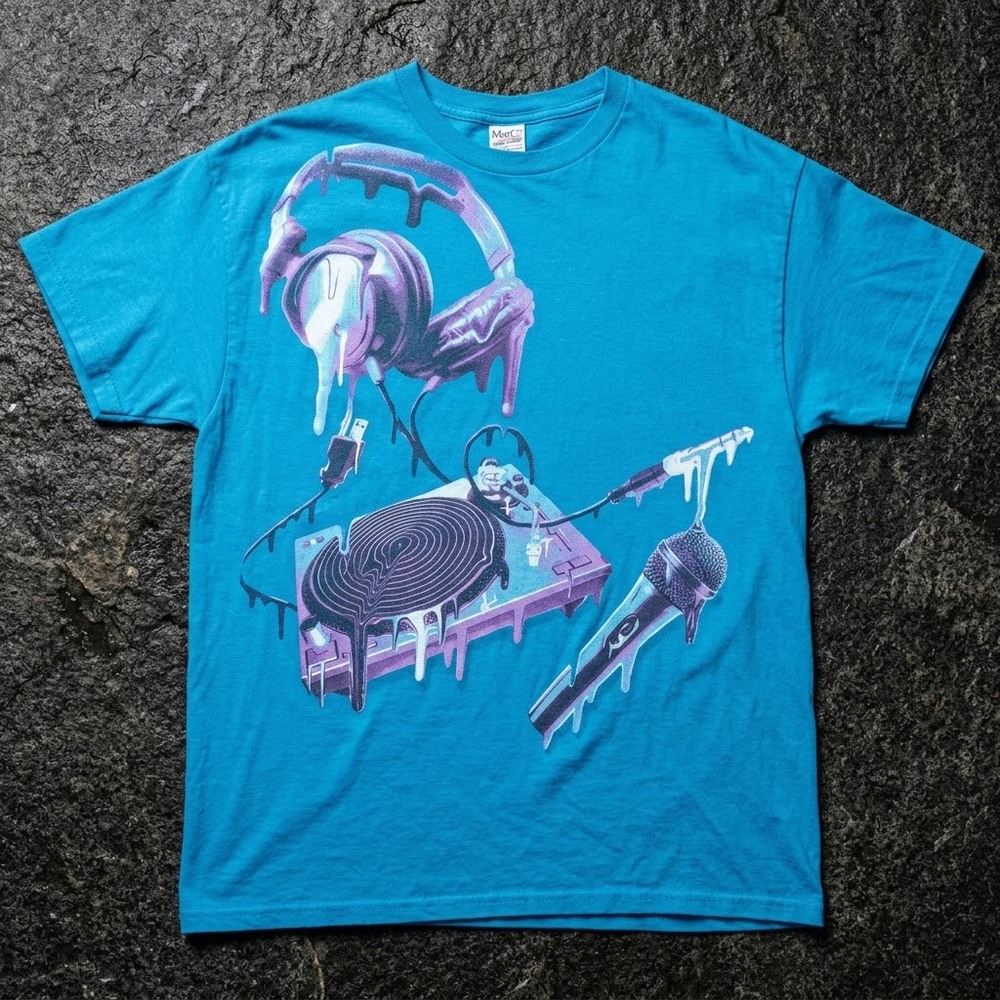 M&O Knits Men's XL T-Shirt Blue Heavyweight DJ Turntable Melting Graphic Y2K